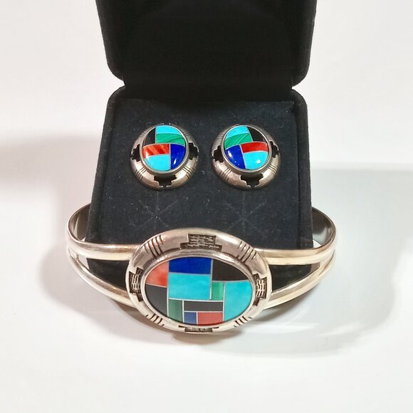 Carolyn Pollack Sterling Silver Relios Inlay Bracelet and matching Earrings - Picture 2 of 7